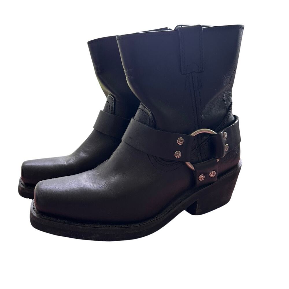 Harley Davidson Black Leather Harness Boots Square Toe Zip Mid Calf EUR 39 US 8